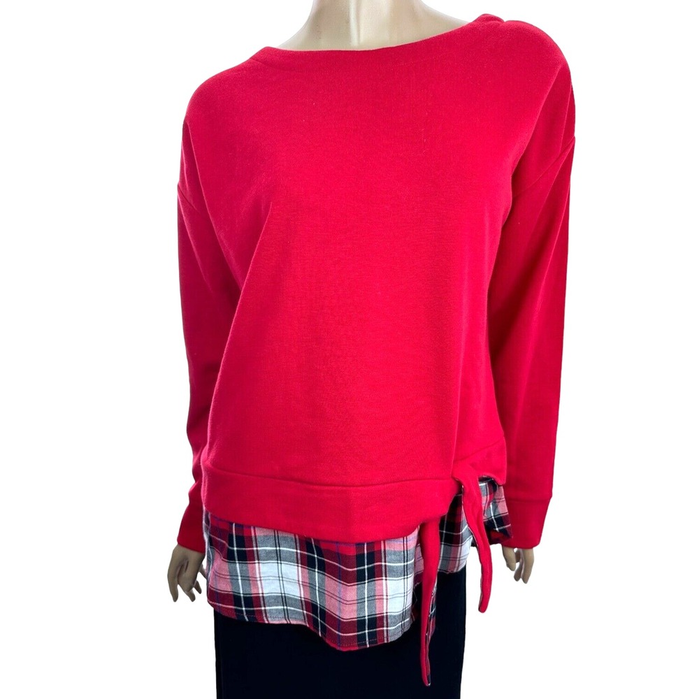 IZOD Size Medium Top Pullover Long Sleeve Red w/Plaid Hem  Cotton/Polyester